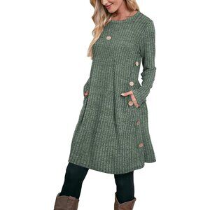 Ofeefan Women's Ribbed Green Crew Neck Long Sleeve Cozy Winter Tunic Dress